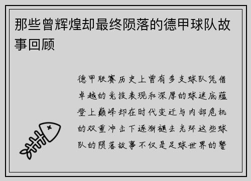 那些曾辉煌却最终陨落的德甲球队故事回顾